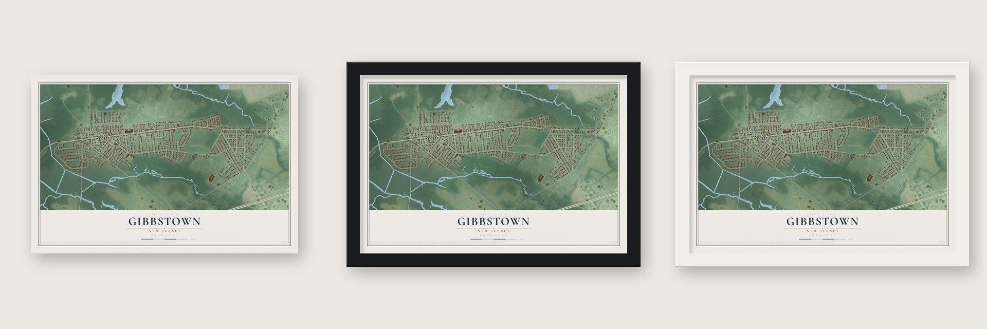 Gibbstown, New Jersey map unframed, in a black wood frame and in a white wood frame