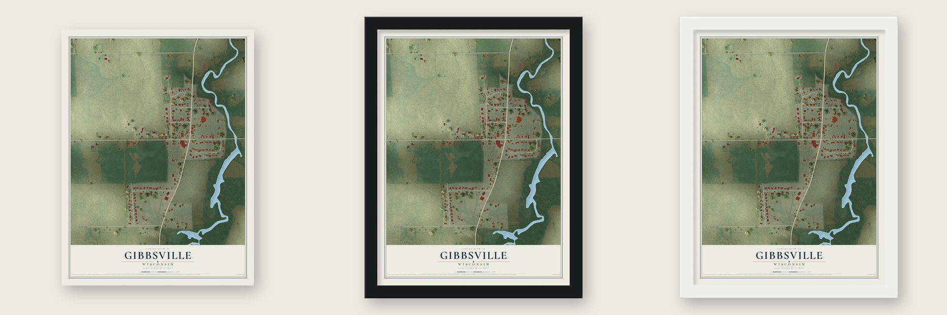 Gibbsville, Wisconsin map unframed, in a black wood frame and in a white wood frame