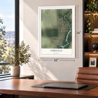 Gibbsville, Wisconsin map, 18 x 24 inch print in a white frame in a home office