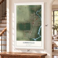 Gibbsville, Wisconsin map, 24 x 36 inch print in a white frame by a staircase