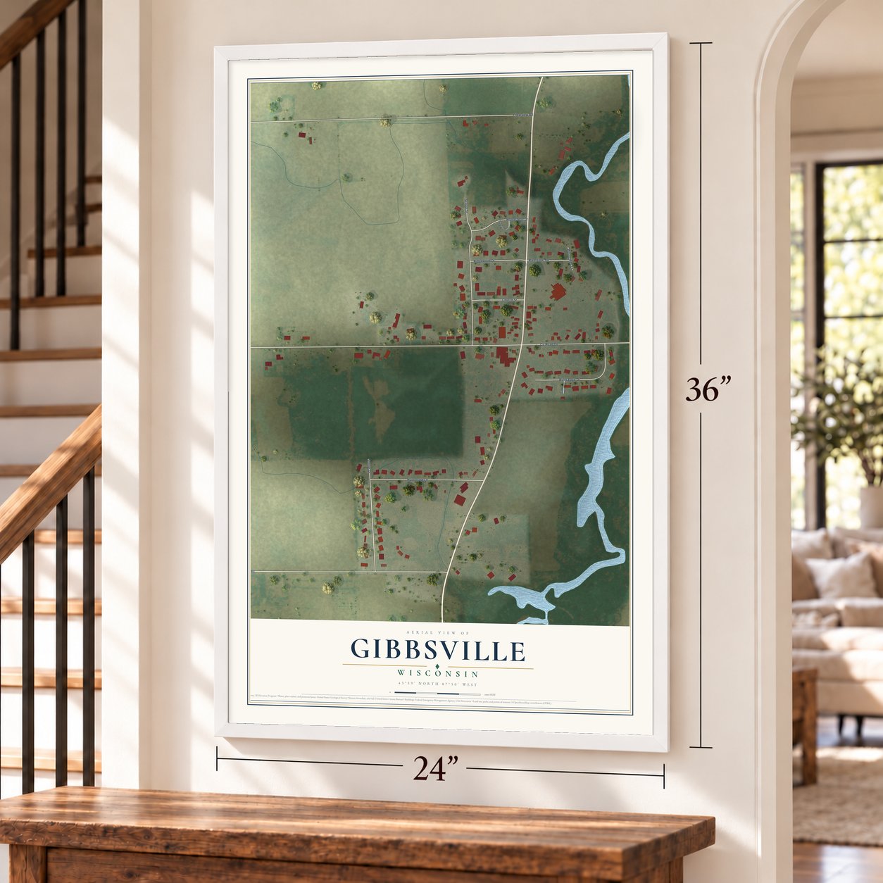 Gibbsville, Wisconsin map, 24 x 36 inch print in a white frame by a staircase