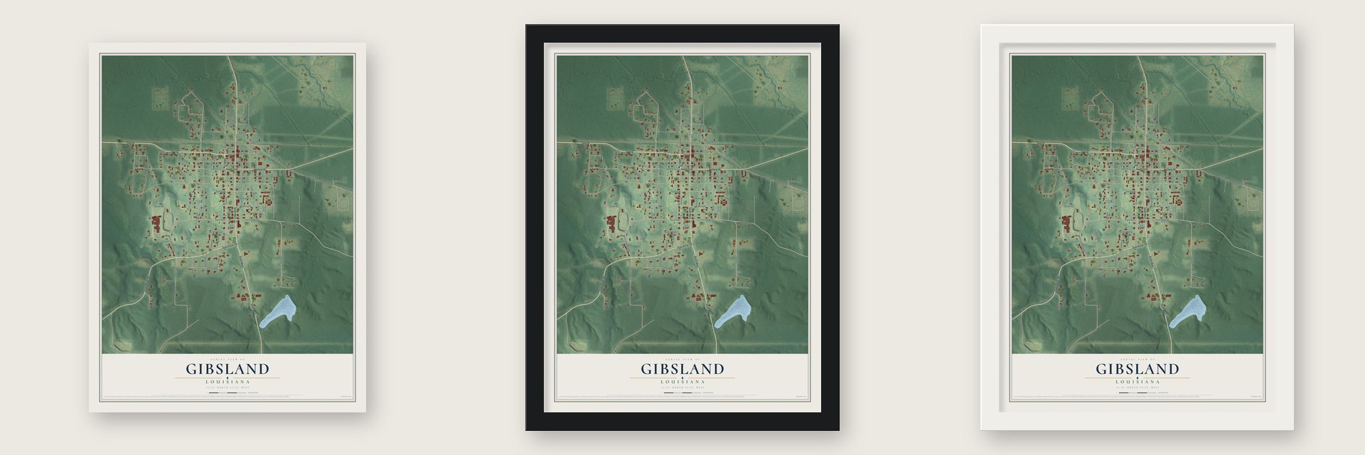 Gibsland, Louisiana map unframed, in a black wood frame and in a white wood frame