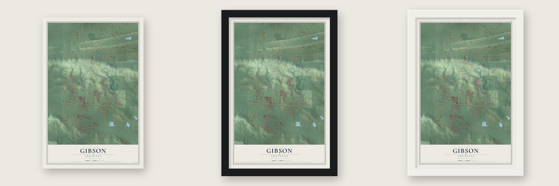 Gibson, Arkansas map unframed, in a black wood frame and in a white wood frame