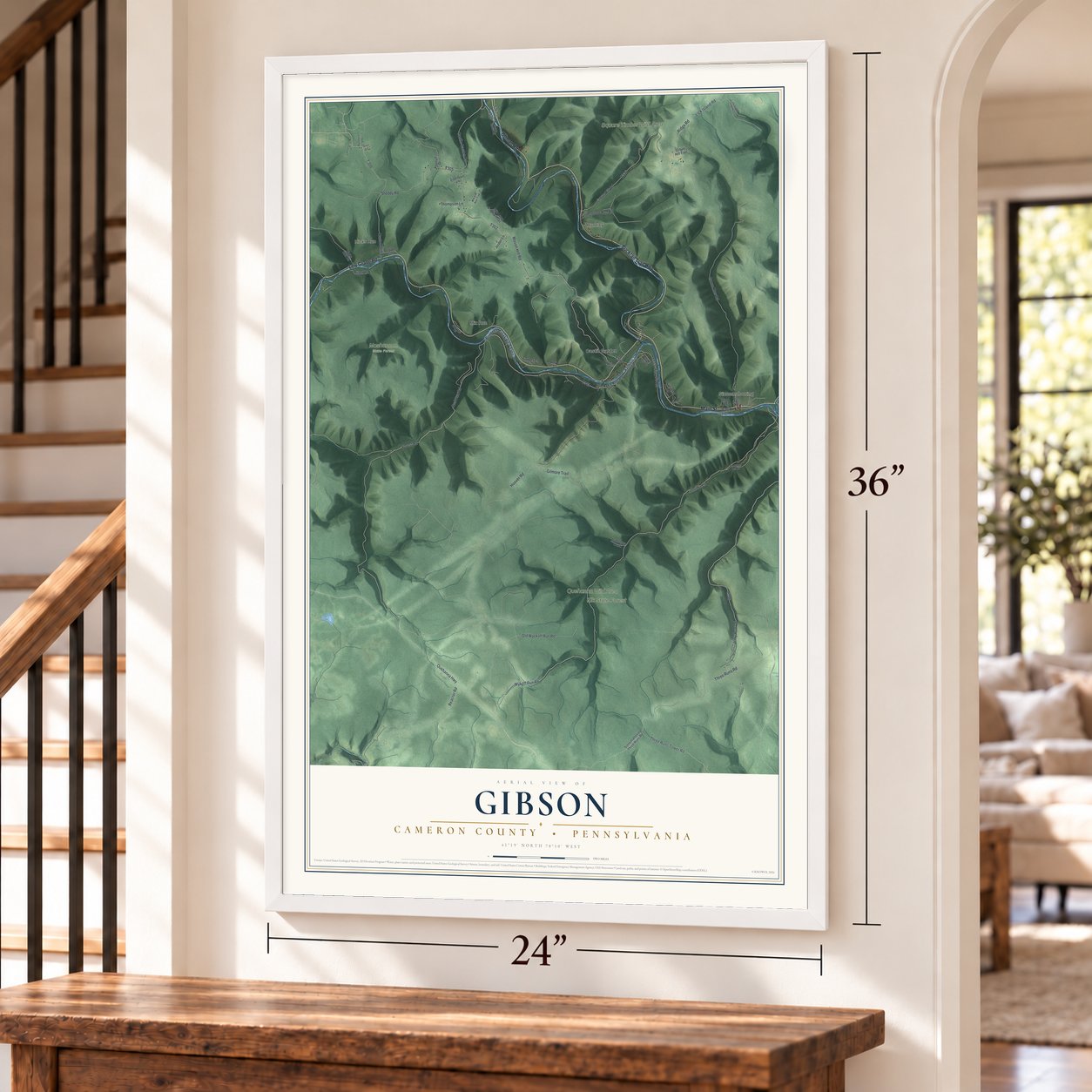 Gibson, Cameron County, Pennsylvania map, 24 x 36 inch print in a white frame by a staircase