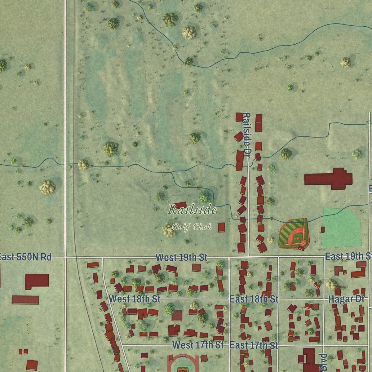 Second close-up of the map of Gibson City, Illinois print showing more streets and buildings