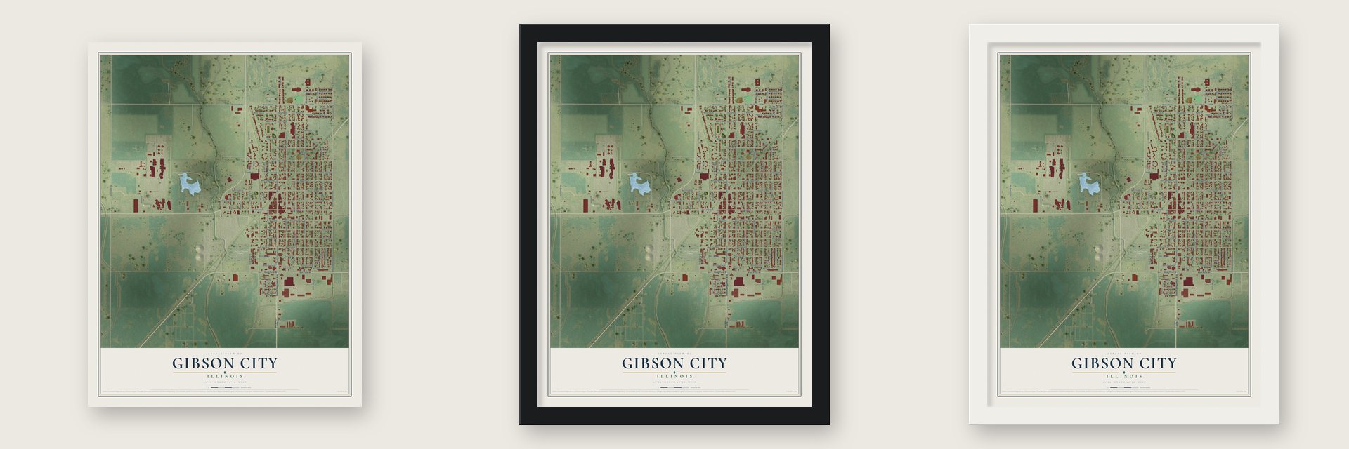 Gibson City, Illinois map unframed, in a black wood frame and in a white wood frame