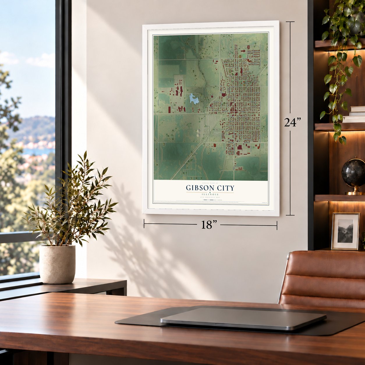 Gibson City, Illinois map, 18 x 24 inch print in a white frame in a home office