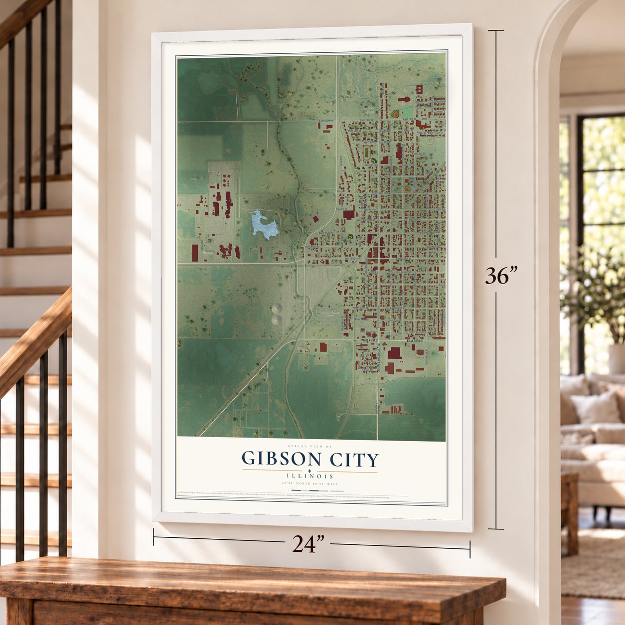 Gibson City, Illinois map, 24 x 36 inch print in a white frame by a staircase