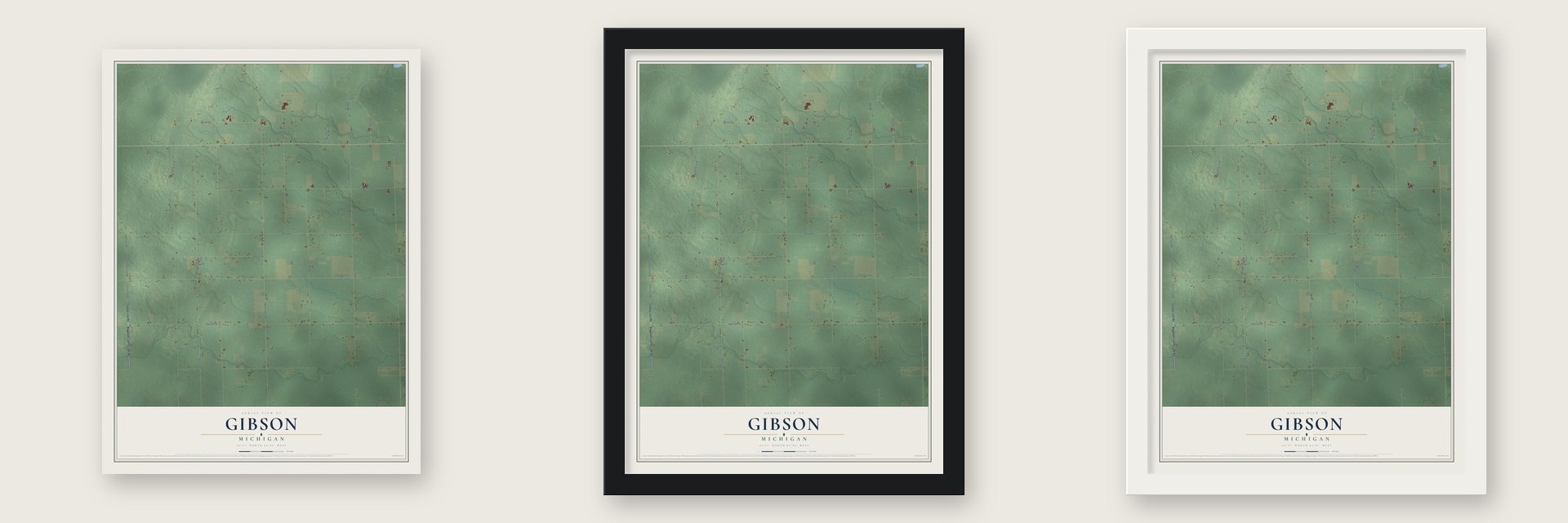 Gibson, Michigan map unframed, in a black wood frame and in a white wood frame