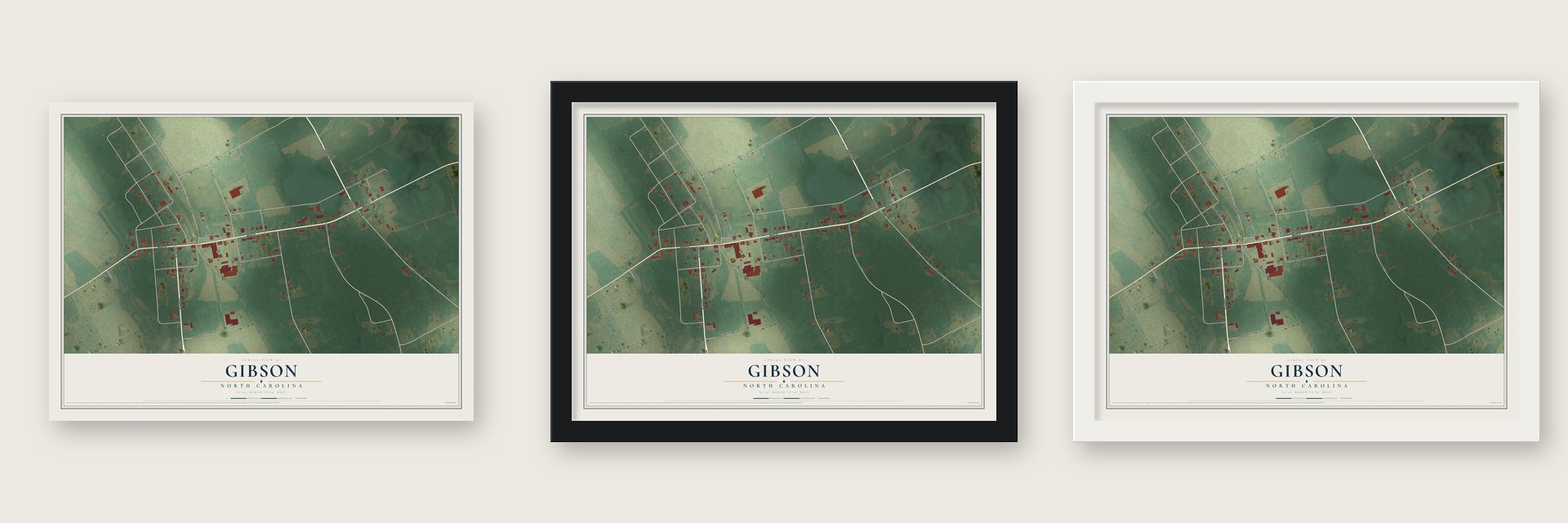 Gibson, North Carolina map unframed, in a black wood frame and in a white wood frame
