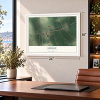 Gibson, North Carolina map, 18 x 24 inch print in a white frame in a home office
