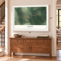 Gibson, North Carolina map, 24 x 36 inch print in a white frame above a dresser by a staircase