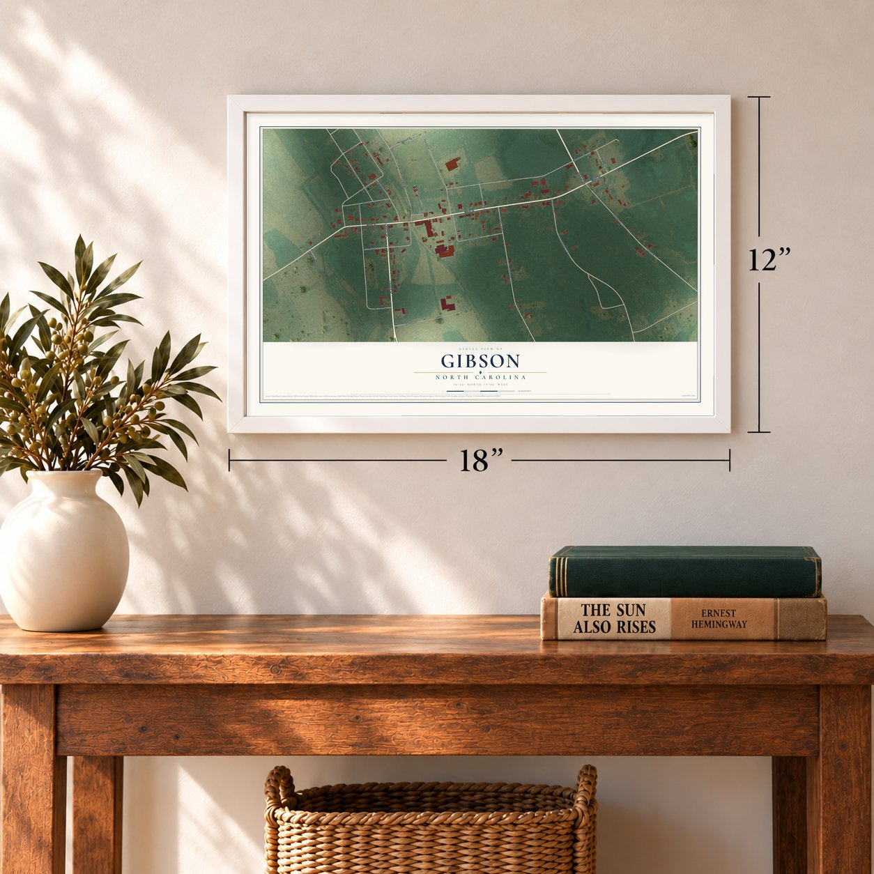 Gibson, North Carolina map, 12 x 18 inch print in a white frame in an entryway