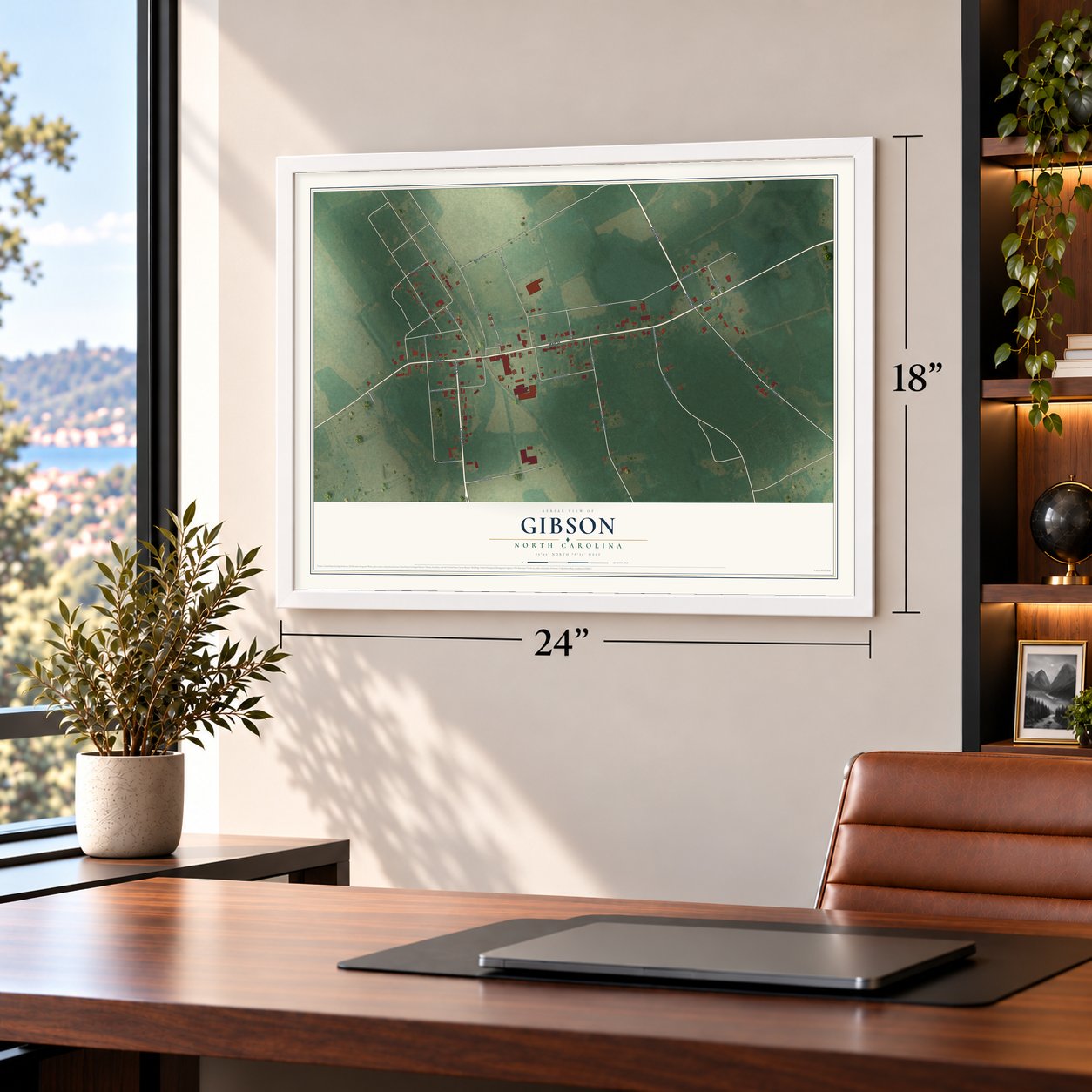 Gibson, North Carolina map, 18 x 24 inch print in a white frame in a home office