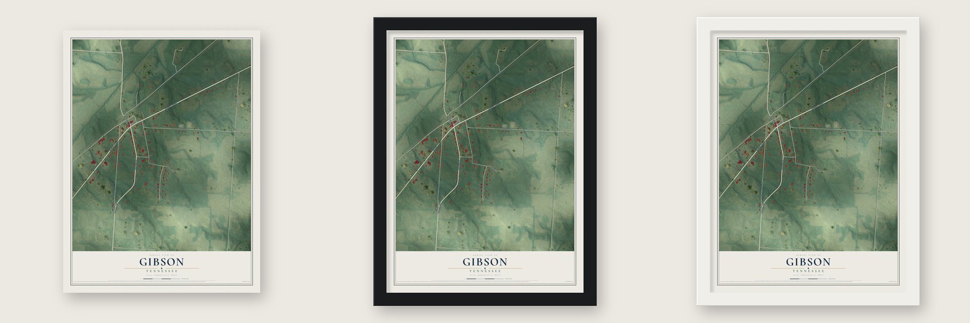 Gibson, Tennessee map unframed, in a black wood frame and in a white wood frame