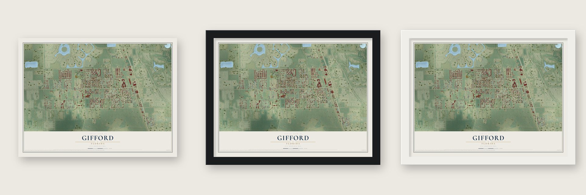 Gifford, Florida map unframed, in a black wood frame and in a white wood frame