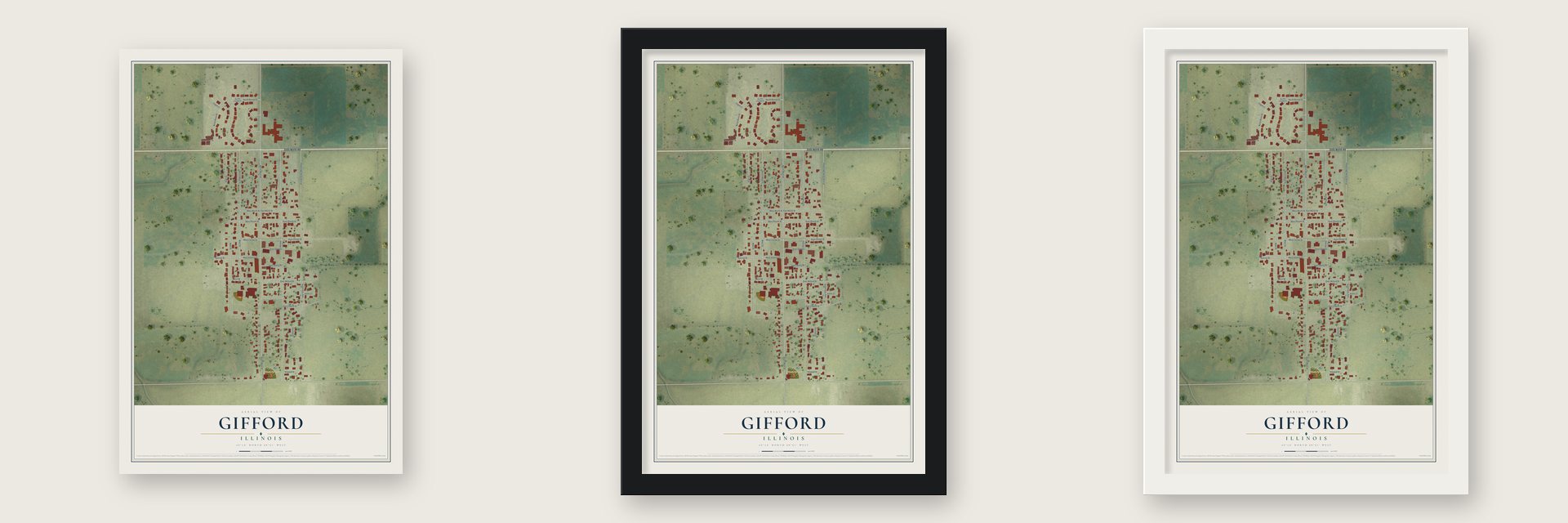 Gifford, Illinois map unframed, in a black wood frame and in a white wood frame