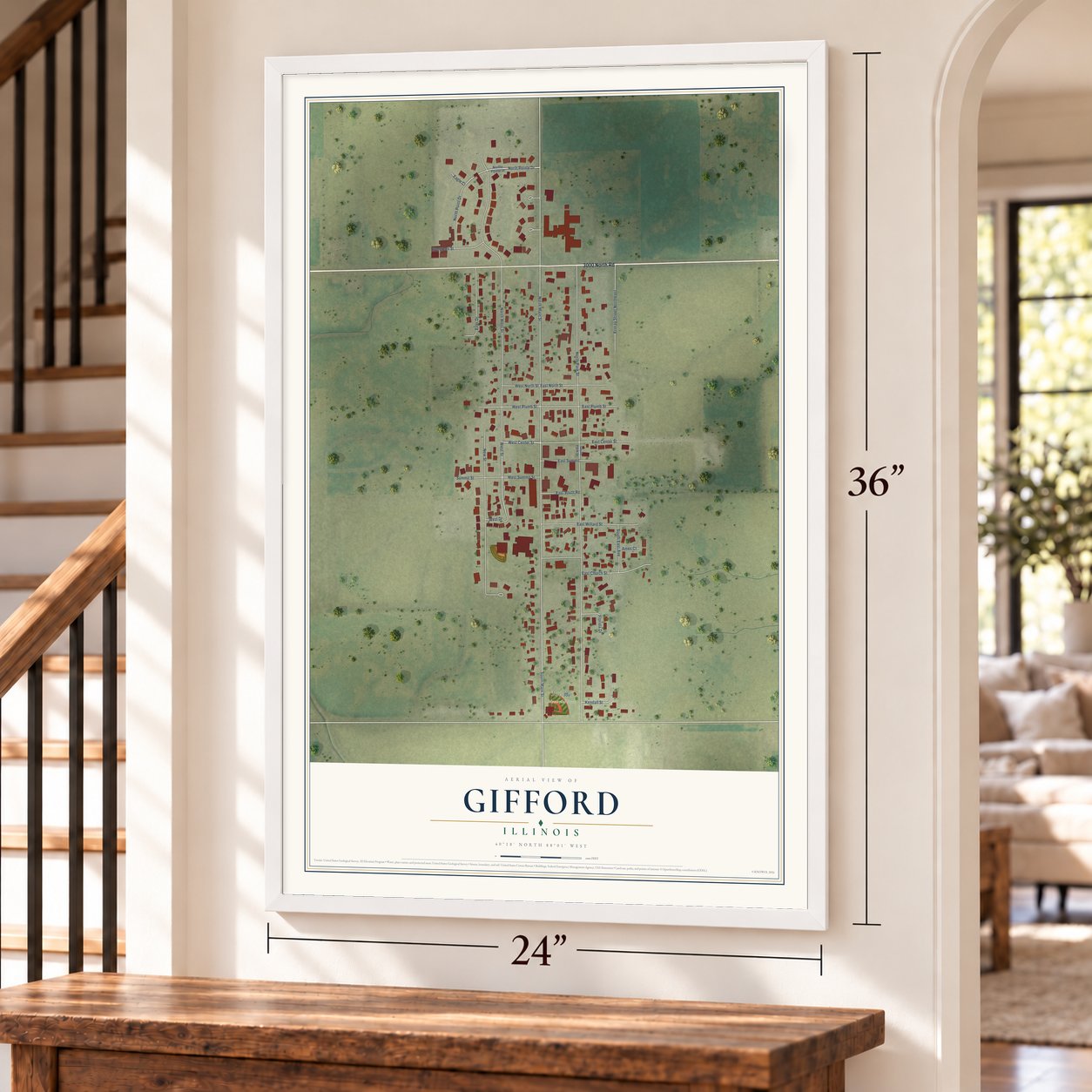 Gifford, Illinois map, 24 x 36 inch print in a white frame by a staircase