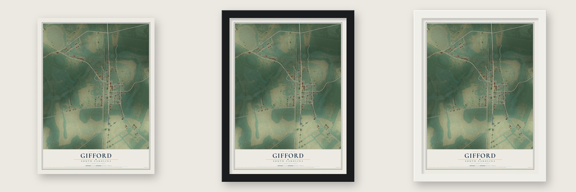 Gifford, South Carolina map unframed, in a black wood frame and in a white wood frame
