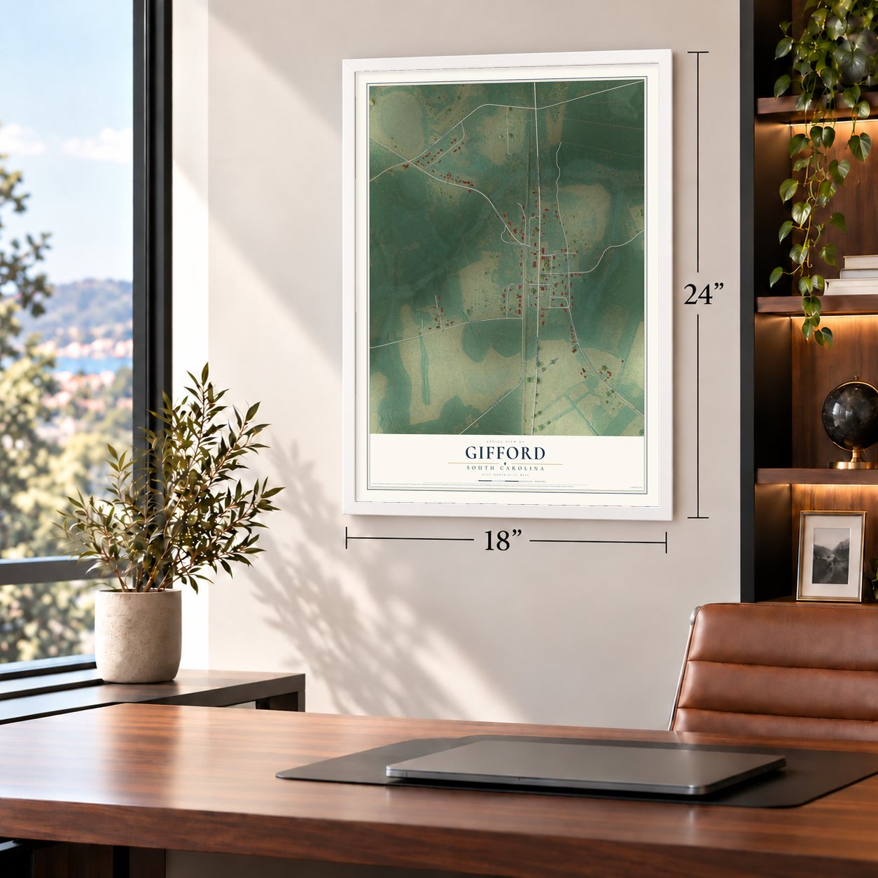 Gifford, South Carolina map, 18 x 24 inch print in a white frame in a home office