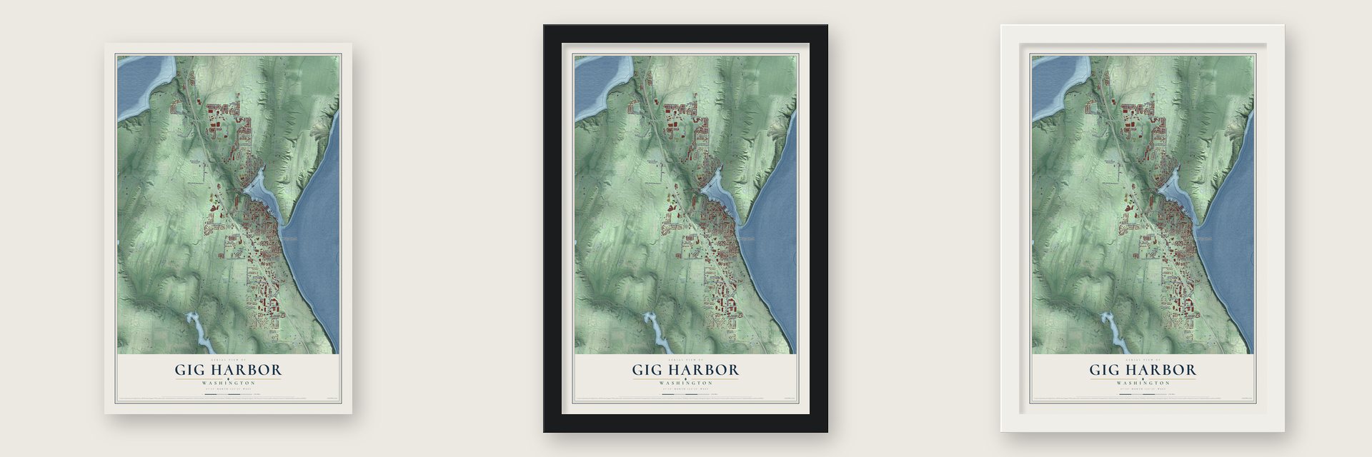 Gig Harbor, Washington map unframed, in a black wood frame and in a white wood frame