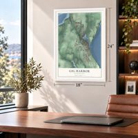 Gig Harbor, Washington map, 18 x 24 inch print in a white frame in a home office