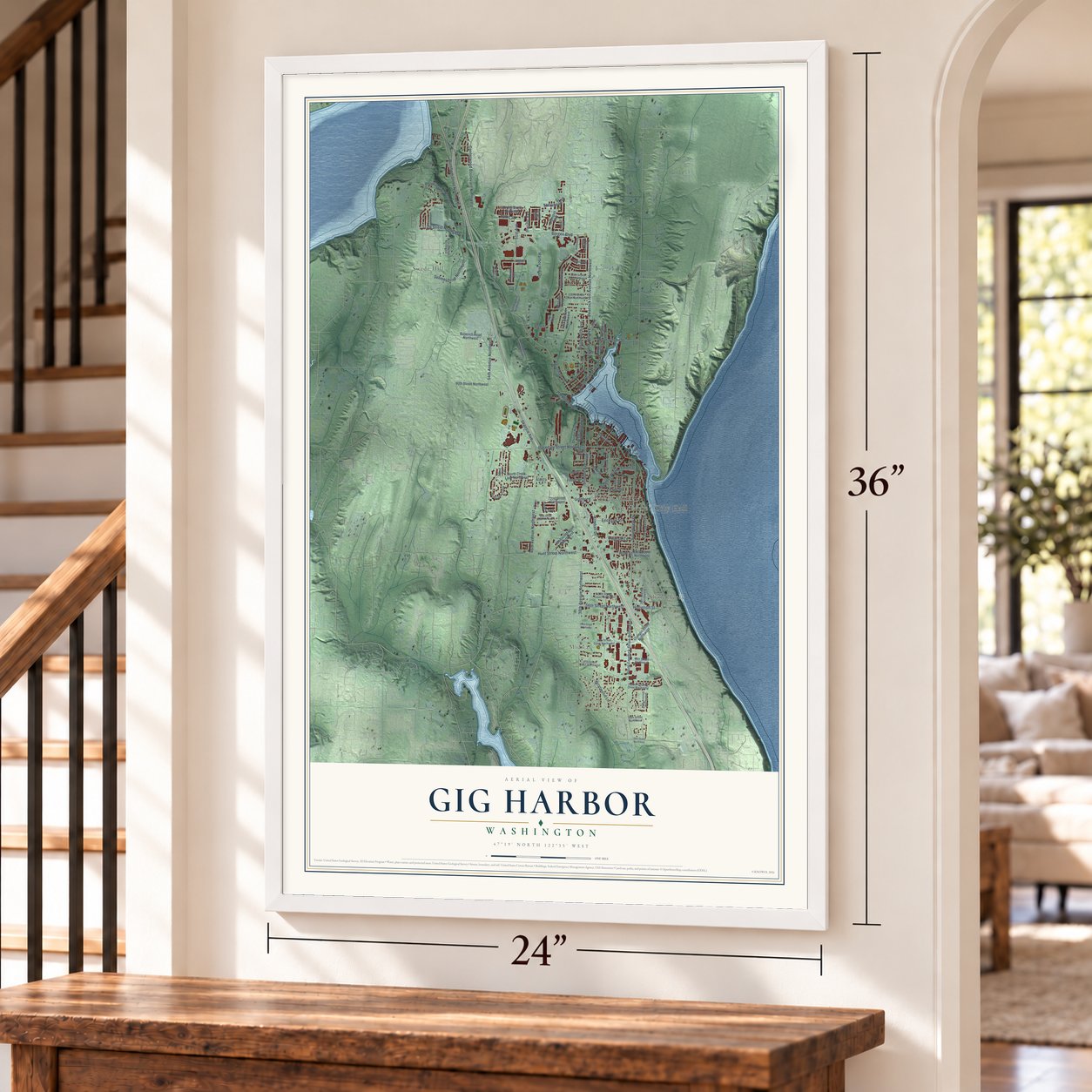 Gig Harbor, Washington map, 24 x 36 inch print in a white frame by a staircase