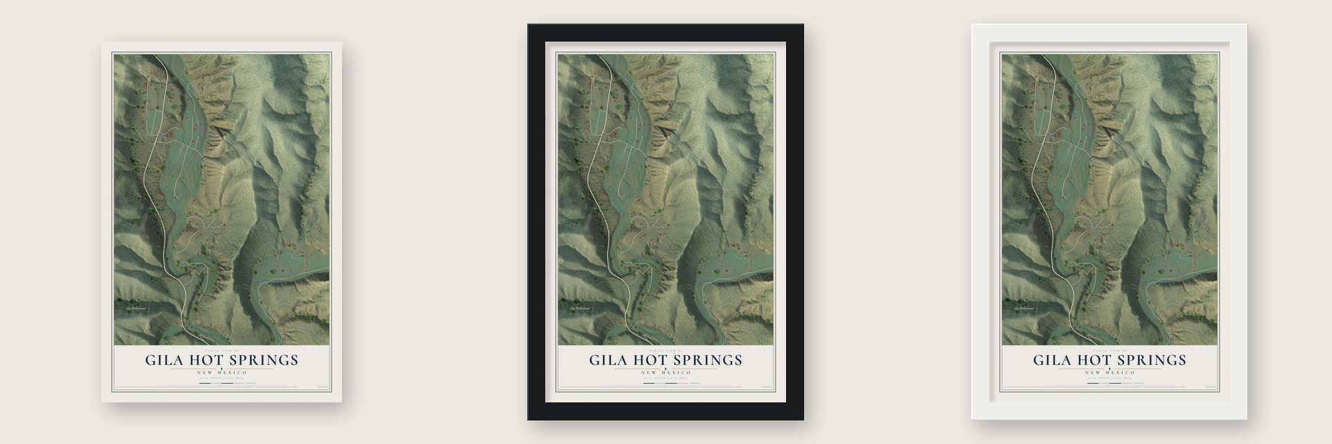 Gila Hot Springs, New Mexico map unframed, in a black wood frame and in a white wood frame