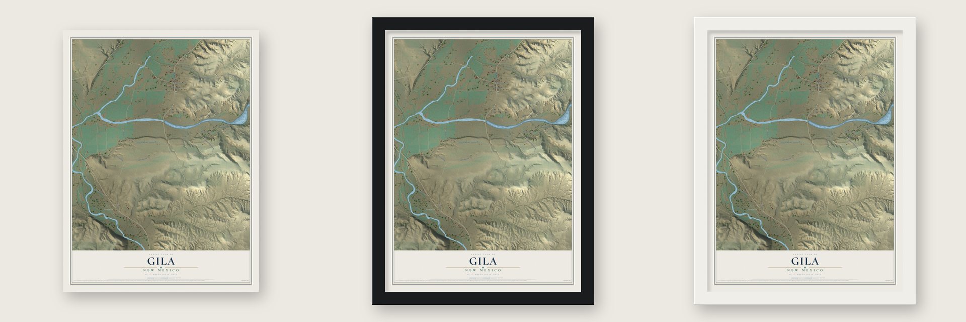 Gila, New Mexico map unframed, in a black wood frame and in a white wood frame