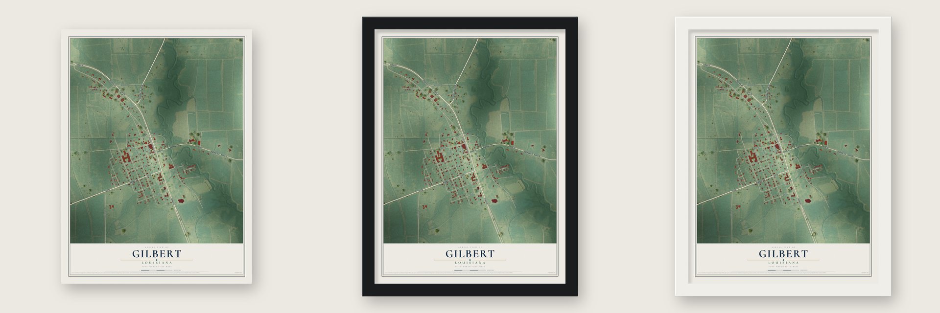 Gilbert, Louisiana map unframed, in a black wood frame and in a white wood frame