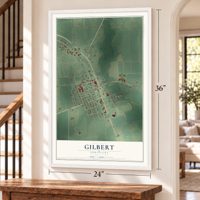 Gilbert, Louisiana map, 24 x 36 inch print in a white frame by a staircase