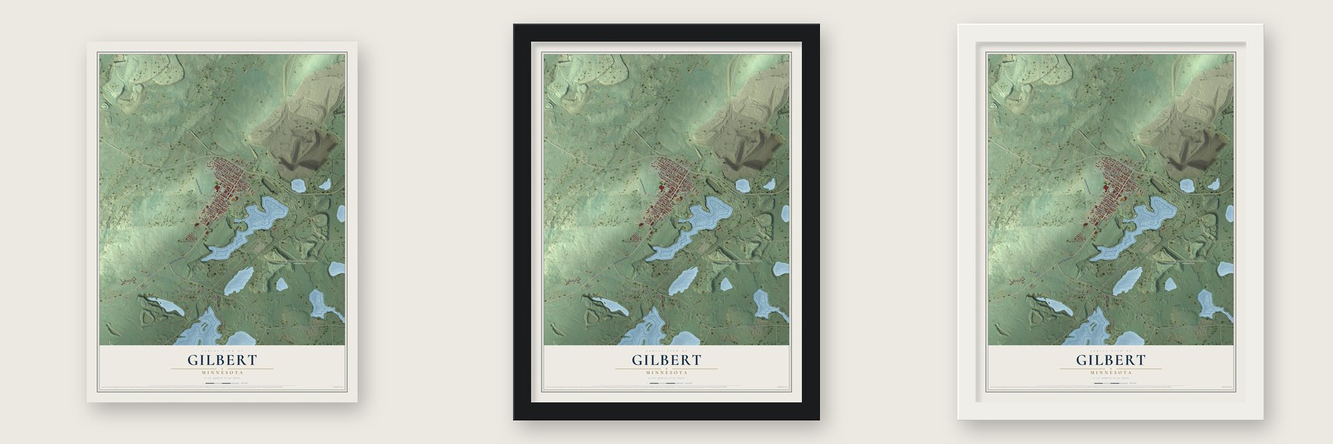 Gilbert, Minnesota map unframed, in a black wood frame and in a white wood frame