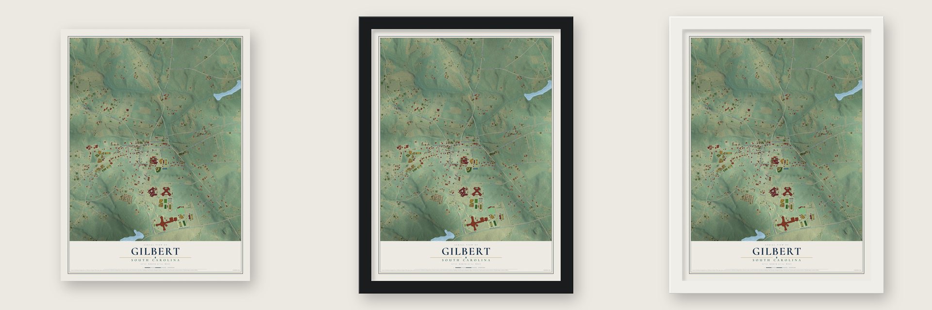 Gilbert, South Carolina map unframed, in a black wood frame and in a white wood frame