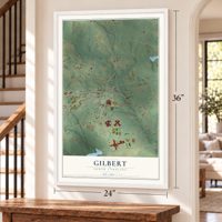 Gilbert, South Carolina map, 24 x 36 inch print in a white frame by a staircase