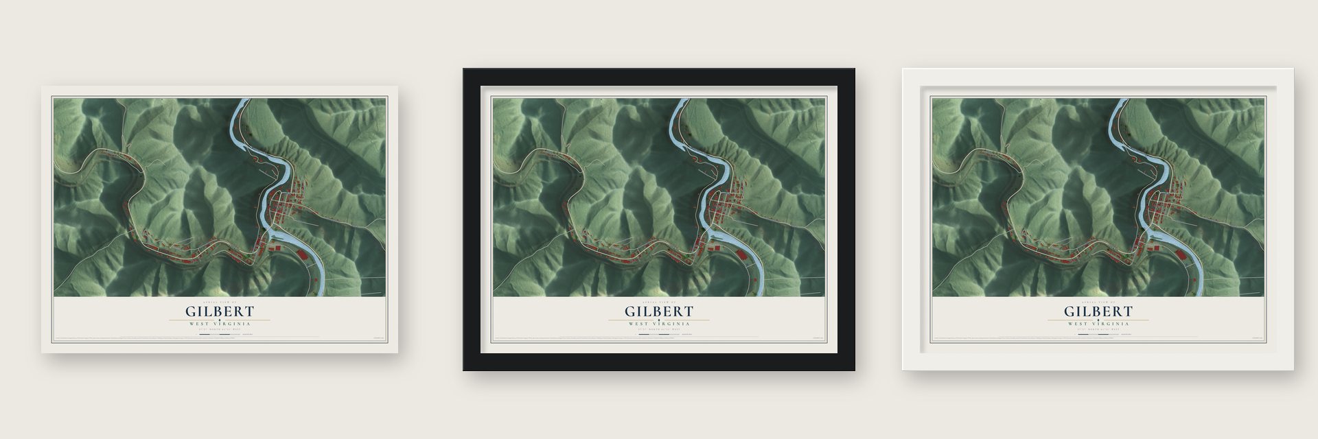 Gilbert, West Virginia map unframed, in a black wood frame and in a white wood frame