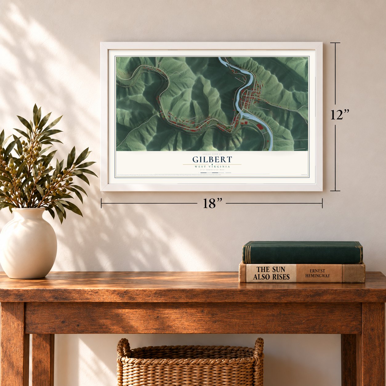 Gilbert, West Virginia map, 12 x 18 inch print in a white frame in an entryway