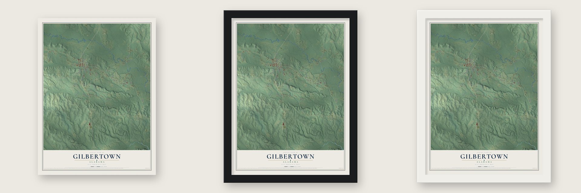 Gilbertown, Alabama map unframed, in a black wood frame and in a white wood frame