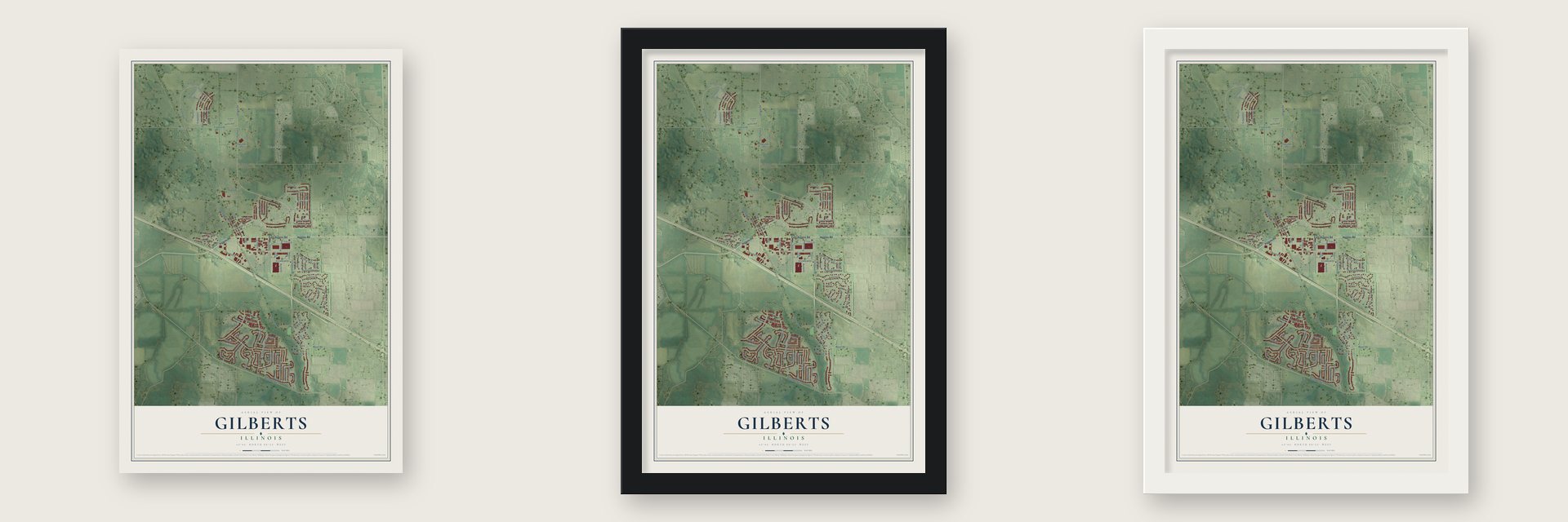 Gilberts, Illinois map unframed, in a black wood frame and in a white wood frame