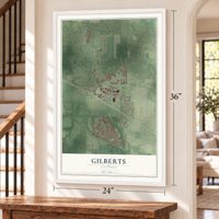 Gilberts, Illinois map, 24 x 36 inch print in a white frame by a staircase