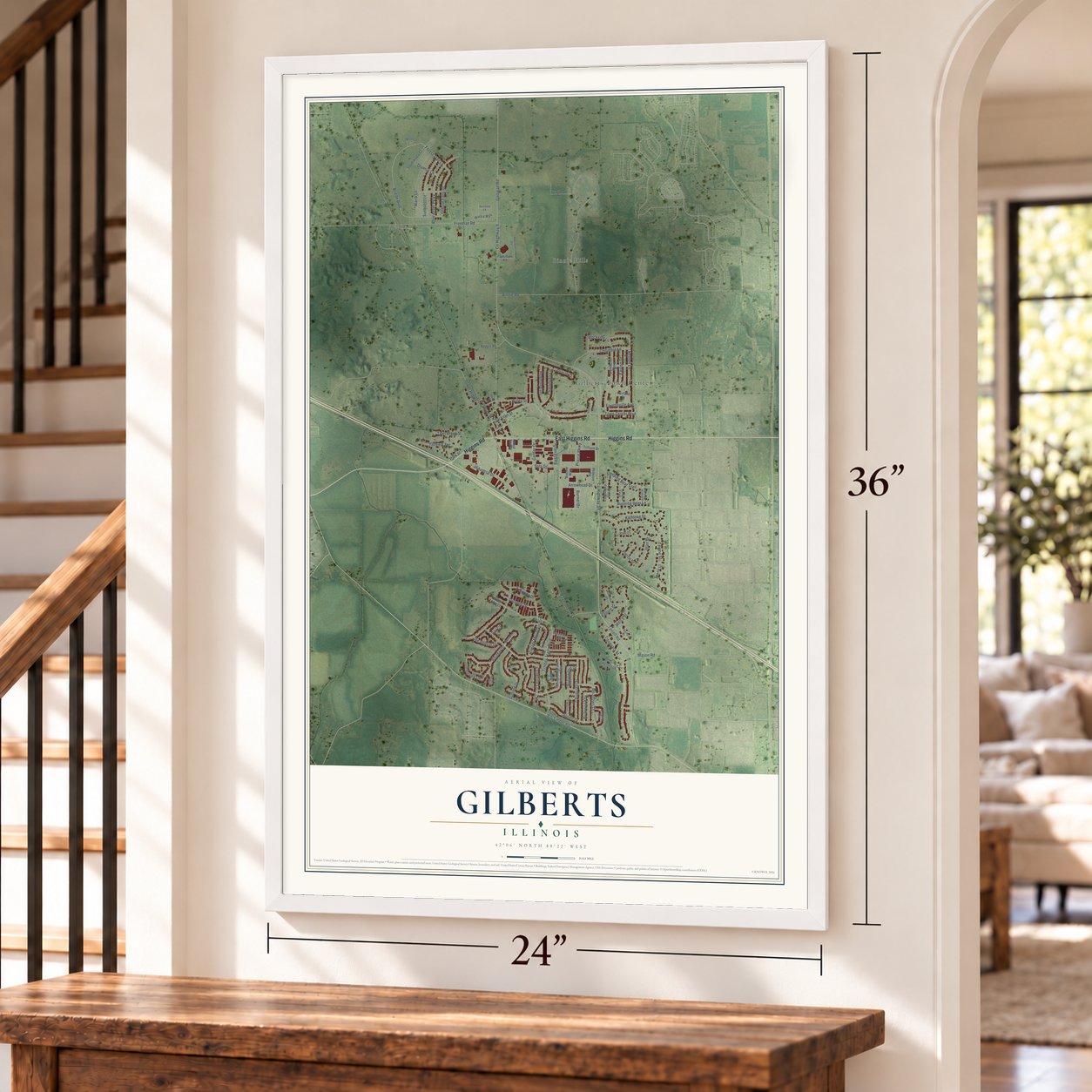Gilberts, Illinois map, 24 x 36 inch print in a white frame by a staircase
