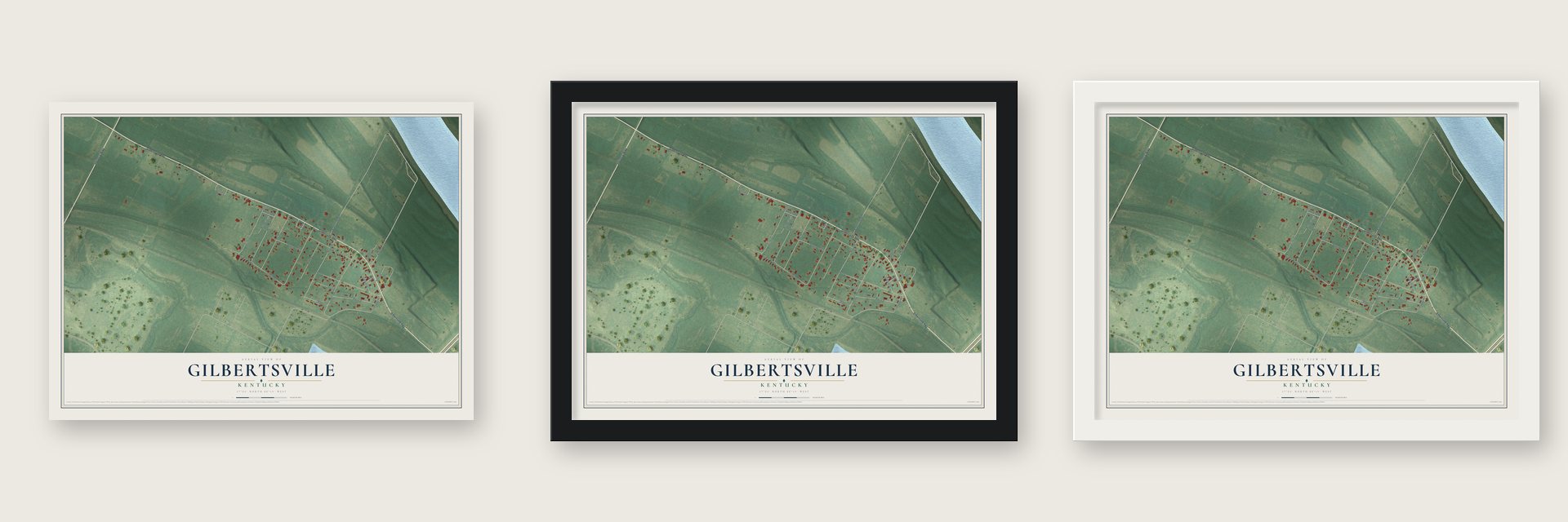 Gilbertsville, Kentucky map unframed, in a black wood frame and in a white wood frame