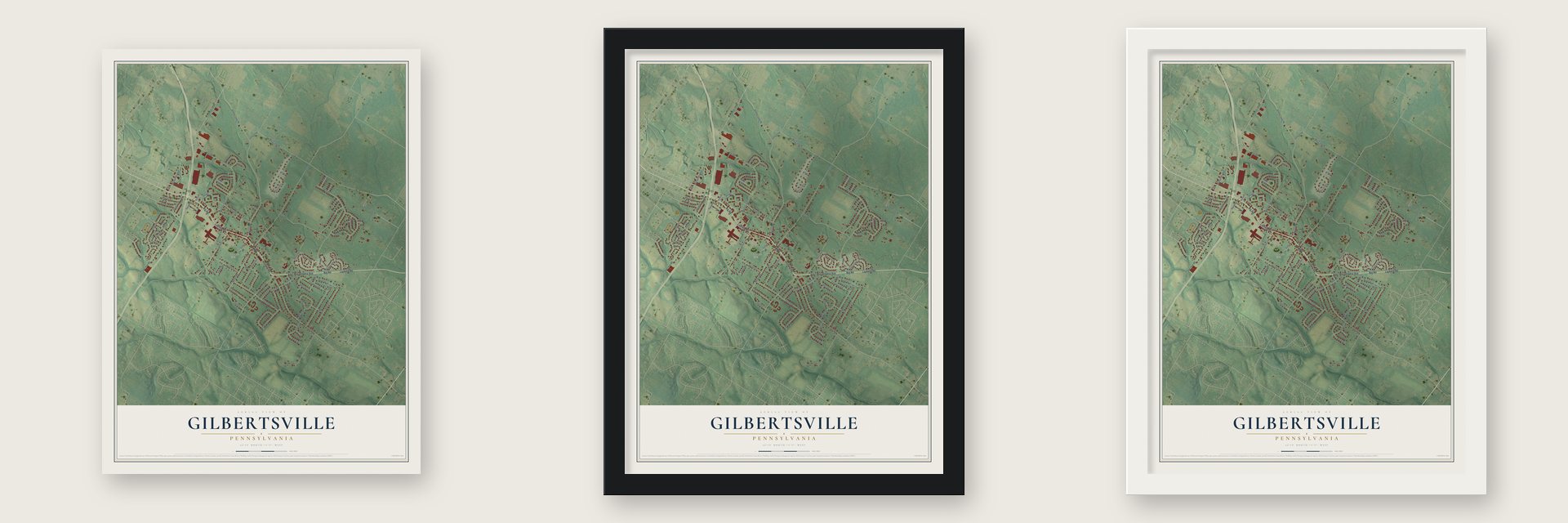 Gilbertsville, Pennsylvania map unframed, in a black wood frame and in a white wood frame