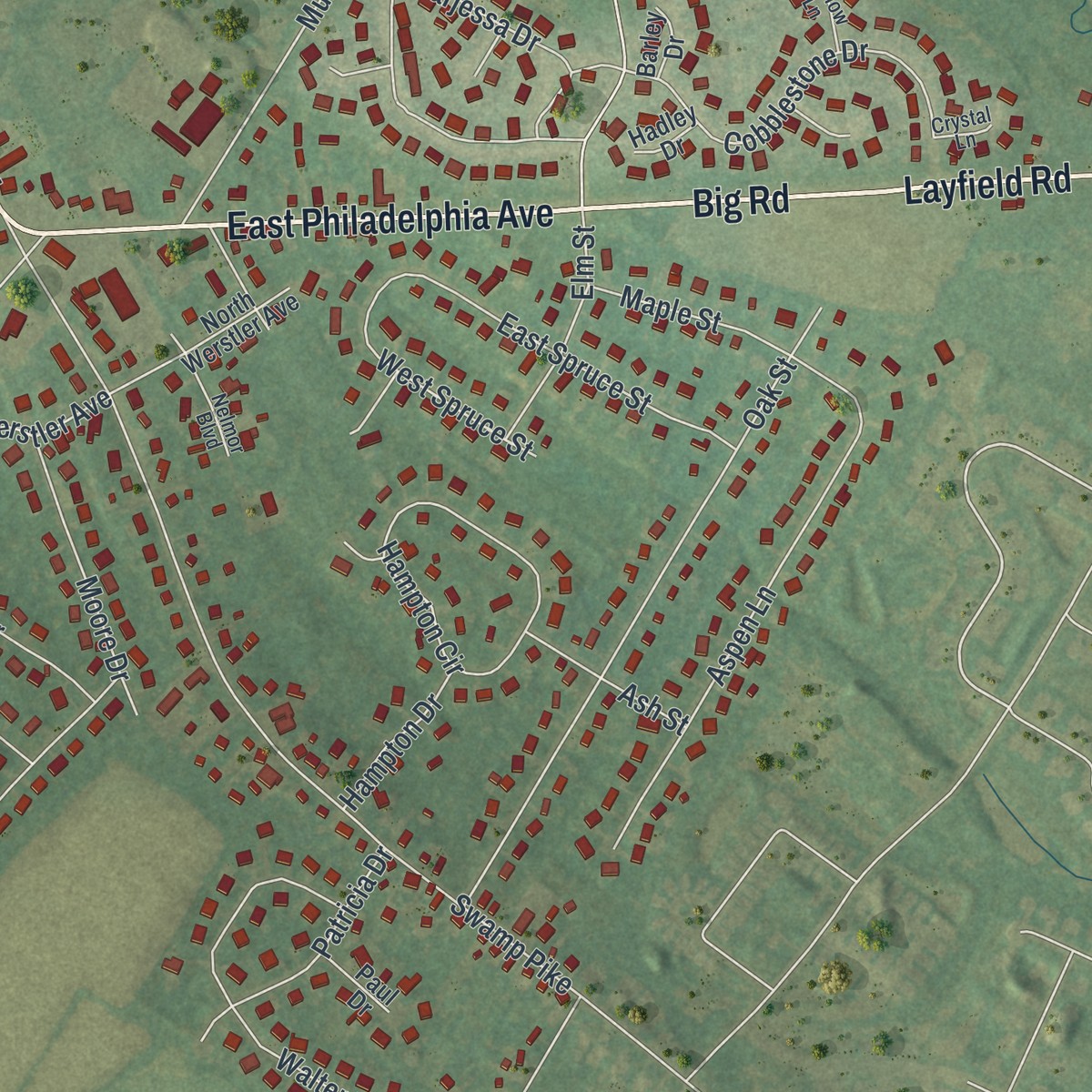 Second close-up of the map of Gilbertsville, Pennsylvania print showing more streets and buildings