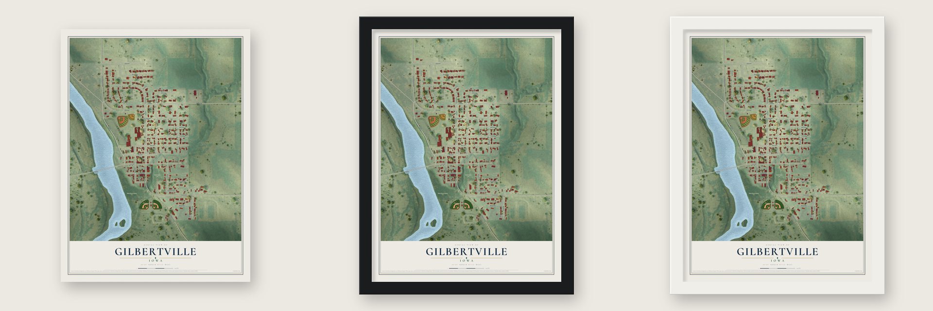 Gilbertville, Iowa map unframed, in a black wood frame and in a white wood frame