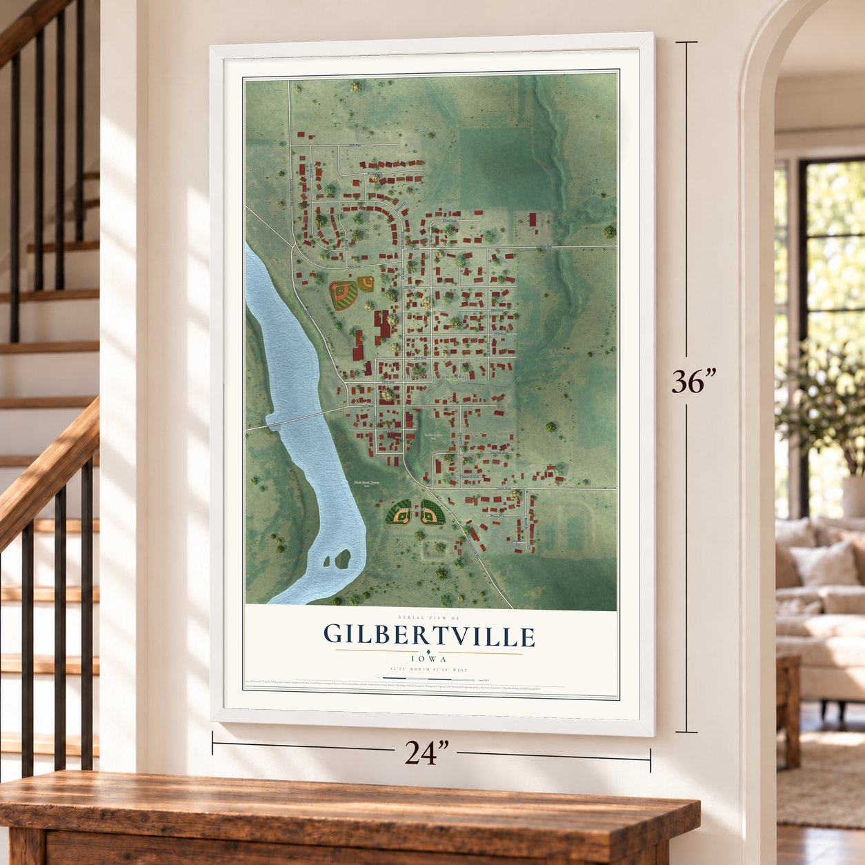 Gilbertville, Iowa map, 24 x 36 inch print in a white frame by a staircase