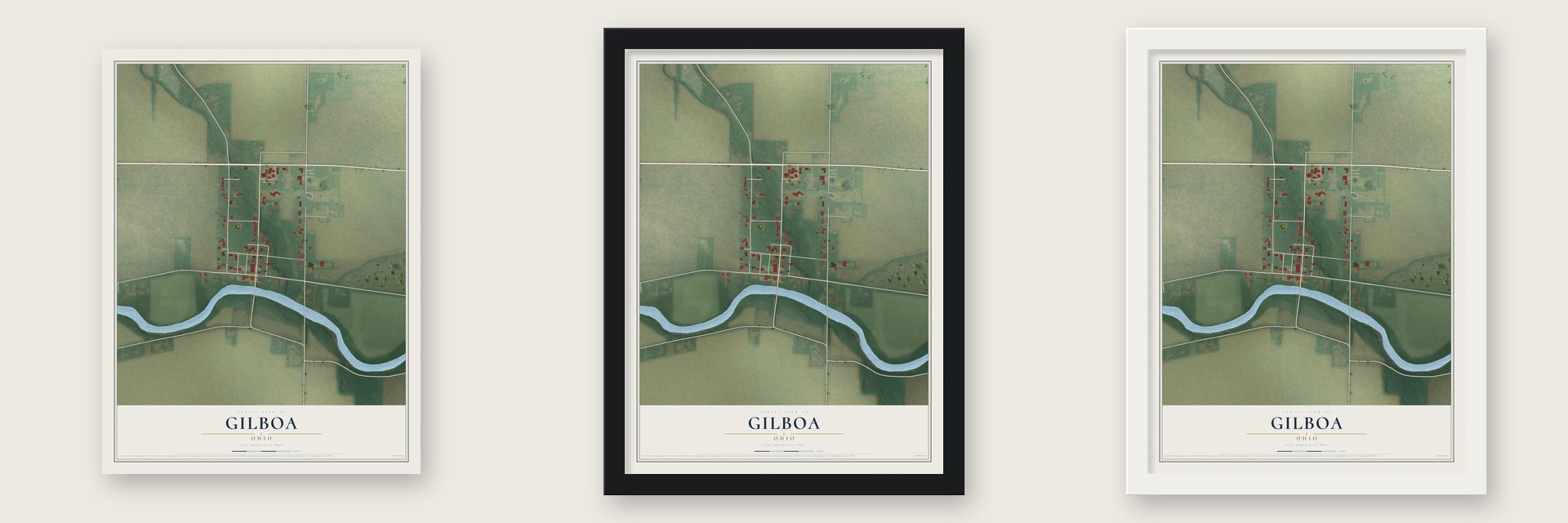 Gilboa, Ohio map unframed, in a black wood frame and in a white wood frame