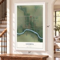 Gilboa, Ohio map, 24 x 36 inch print in a white frame by a staircase