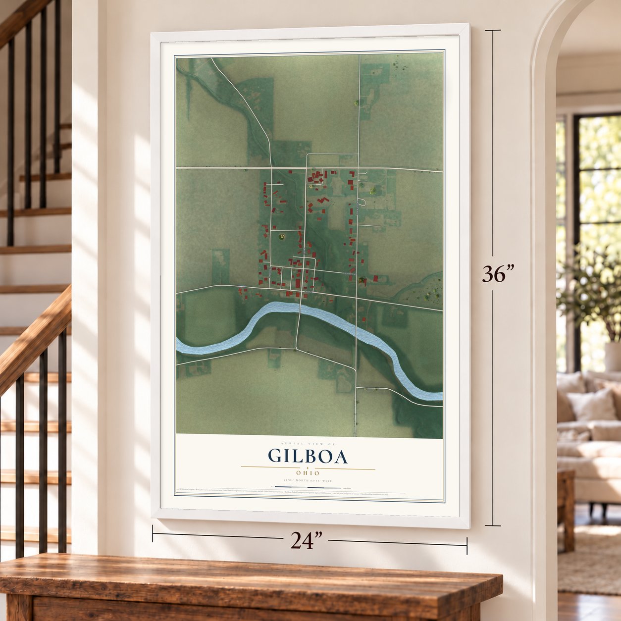 Gilboa, Ohio map, 24 x 36 inch print in a white frame by a staircase