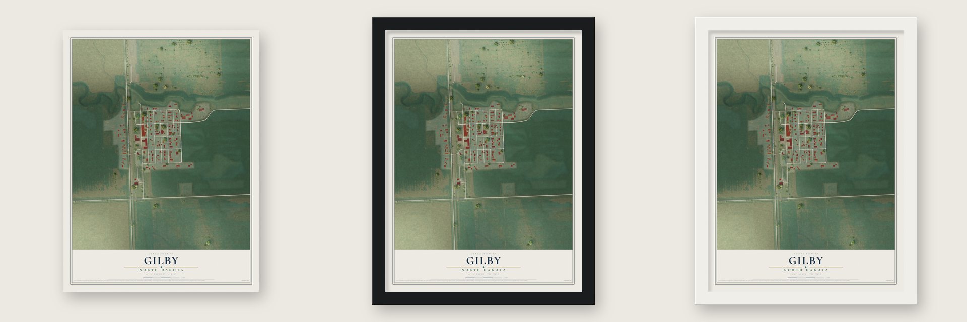 Gilby, North Dakota map unframed, in a black wood frame and in a white wood frame