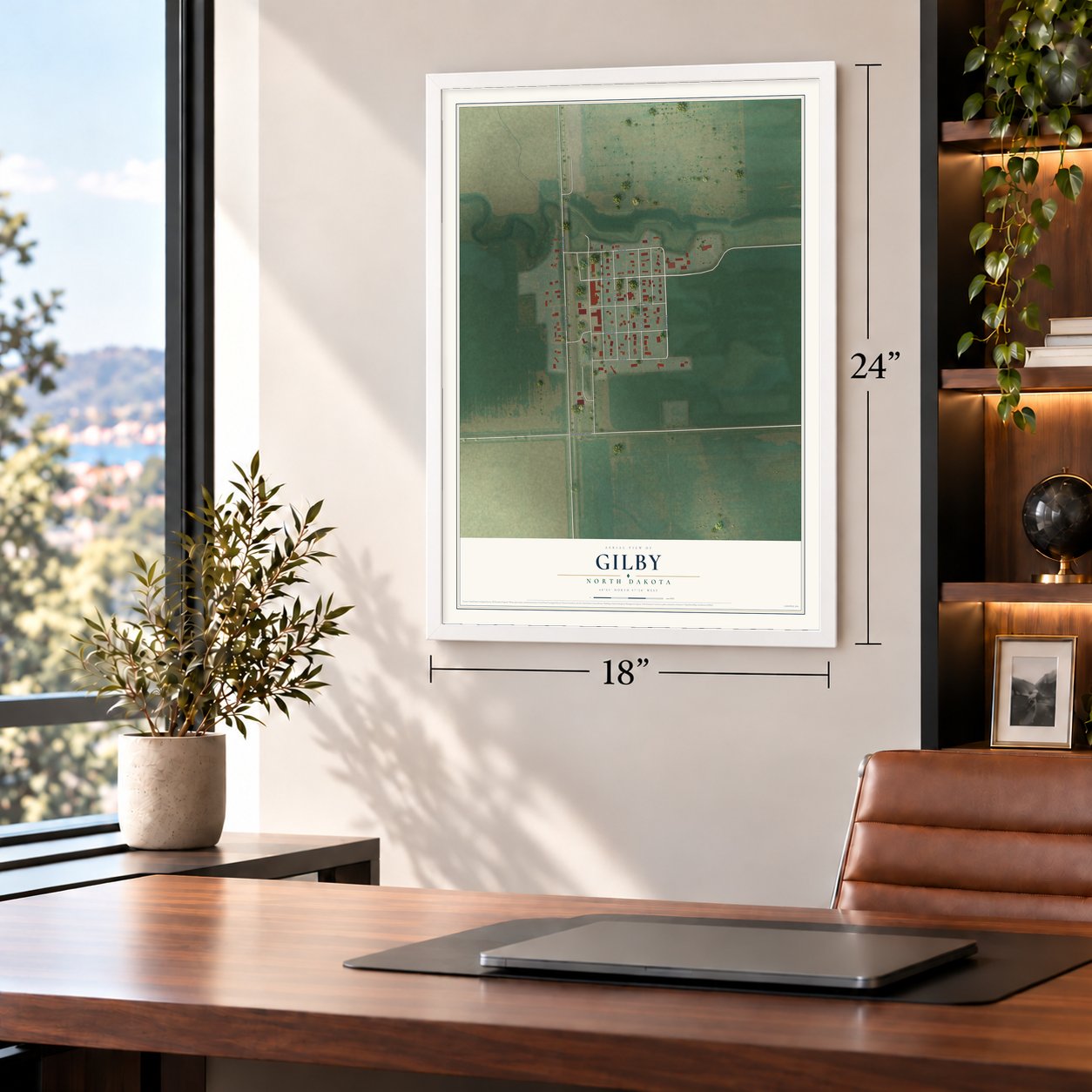 Gilby, North Dakota map, 18 x 24 inch print in a white frame in a home office